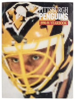 1990-91 Pittsburgh Penguins Team Signed Yearbook With 24 Signatures Including Lemieux, Trottier, Recchi, Jagr & Badger Bob Johnson (JSA)
